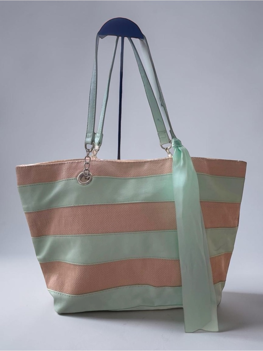 Mint Green & Cream Striped Canvas Tote Bag Shoulder Purse Beach Shopper EUC